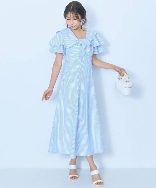 marun(マルン)の「<大きいサイズ>フリルデザインストライプワンピース marun(ワンピース・レディース・ブルー/ネイビー・4L/5L/L/LL/3L)」の1枚目の写真