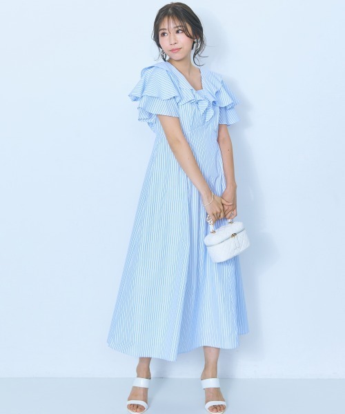 marun(マルン)の「<大きいサイズ>フリルデザインストライプワンピース marun(ワンピース・レディース・ブルー/ネイビー・4L/5L/L/LL/3L)」の3枚目の写真