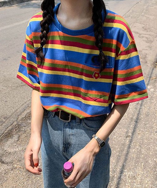 STYLEBLOCK（スタイルブロック）の「ボーダー柄5分袖Tシャツ（Tシャツ/カットソー・レディース・ブルー/グリーン/ピンク・M/L/XL/XXL）」の3枚目の写真