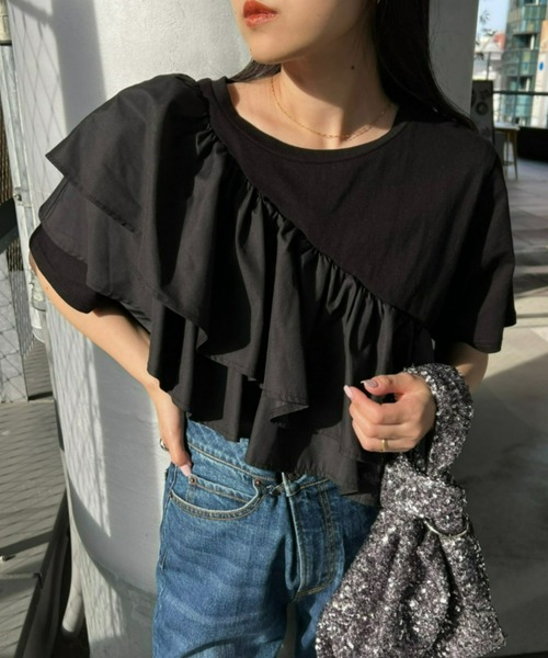 新品❗CIAOPANIC アシンメトリー カットソー ロンT シャツ フリル 黒 セール】【二の腕カバー】アシメフリルデザインカットソー（T
