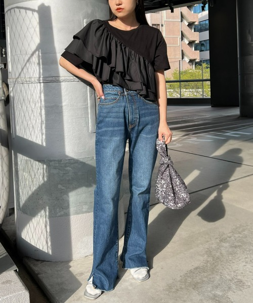 新品❗CIAOPANIC アシンメトリー カットソー ロンT シャツ フリル 黒 アシンメトリーフリルTシャツ（Tシャツ/カットソー）｜rectangle