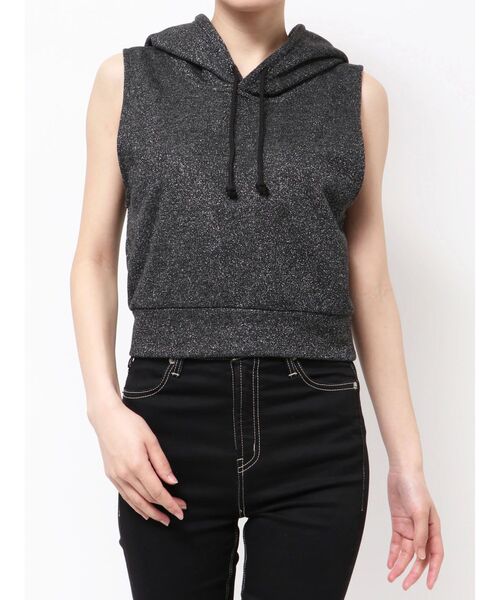 GYDA（ジェイダ）の「GG GLITTERノースリショートスウェットパーカー（Tシャツ/カットソー・レディース・ライトグレー/ブラック・FREE）」の2枚目の写真