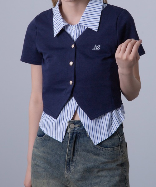 Chiina（チーナ）の「Chiina / ストライプシャツレイヤードカーディガン（カーディガン/ボレロ・レディース・グレー/ホワイト/ネイビー・FREE）」の3枚目の写真