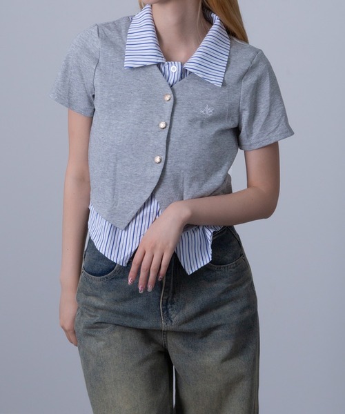 Chiina（チーナ）の「Chiina / ストライプシャツレイヤードカーディガン（カーディガン/ボレロ・レディース・グレー/ホワイト/ネイビー・FREE）」の2枚目の写真