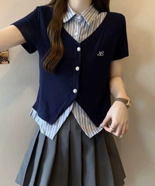 Chiina（チーナ）の「Chiina / ストライプシャツレイヤードカーディガン（カーディガン/ボレロ・レディース・グレー/ホワイト/ネイビー・FREE）」の9枚目の写真