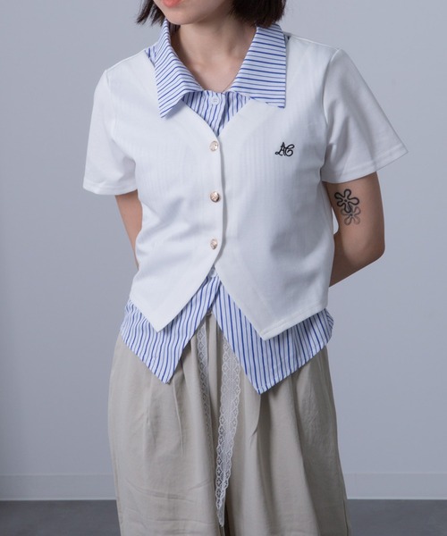 Chiina（チーナ）の「Chiina / ストライプシャツレイヤードカーディガン（カーディガン/ボレロ・レディース・グレー/ホワイト/ネイビー・FREE）」の13枚目の写真