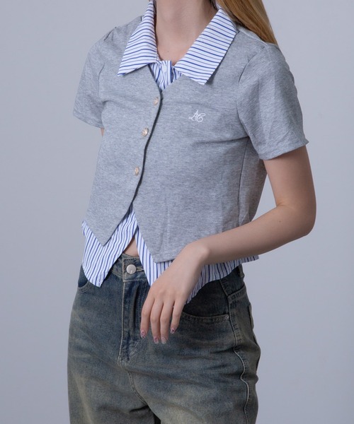 Chiina（チーナ）の「Chiina / ストライプシャツレイヤードカーディガン（カーディガン/ボレロ・レディース・グレー/ホワイト/ネイビー・FREE）」の17枚目の写真