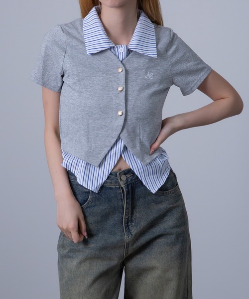 Chiina（チーナ）の「Chiina / ストライプシャツレイヤードカーディガン（カーディガン/ボレロ・レディース・グレー/ホワイト/ネイビー・FREE）」の18枚目の写真