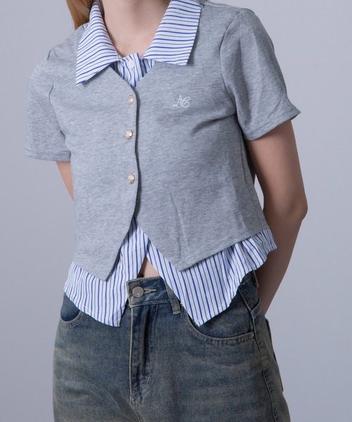 Chiina（チーナ）の「Chiina / ストライプシャツレイヤードカーディガン（カーディガン/ボレロ・レディース・グレー/ホワイト/ネイビー・FREE）」の19枚目の写真