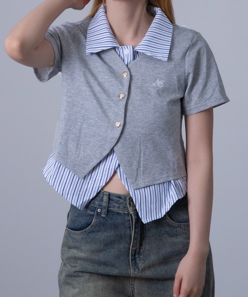 Chiina（チーナ）の「Chiina / ストライプシャツレイヤードカーディガン（カーディガン/ボレロ・レディース・グレー/ホワイト/ネイビー・FREE）」の20枚目の写真