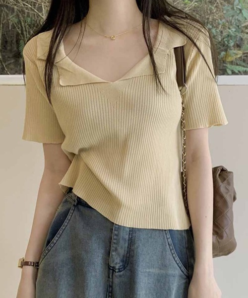 shoppinggo(ショッピングゴー)の「ニット レディース 半袖 襟付きニット 半袖 トップス 春夏 トップス(Tシャツ/カットソー・レディース・ホワイト/ブラック/ベージュ/ピンク・FREE)」の4枚目の写真