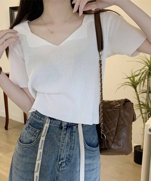 shoppinggo(ショッピングゴー)の「ニット レディース 半袖 襟付きニット 半袖 トップス 春夏 トップス(Tシャツ/カットソー・レディース・ホワイト/ブラック/ベージュ/ピンク・FREE)」の2枚目の写真