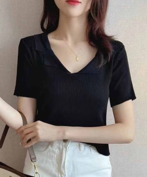 shoppinggo(ショッピングゴー)の「ニット レディース 半袖 襟付きニット 半袖 トップス 春夏 トップス(Tシャツ/カットソー・レディース・ホワイト/ブラック/ベージュ/ピンク・FREE)」の3枚目の写真