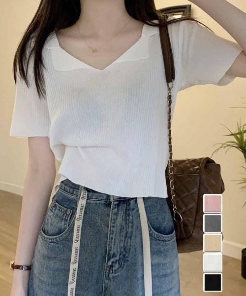 shoppinggo(ショッピングゴー)の「ニット レディース 半袖 襟付きニット 半袖 トップス 春夏 トップス(Tシャツ/カットソー・レディース・ホワイト/ブラック/ベージュ/ピンク・FREE)」の5枚目の写真