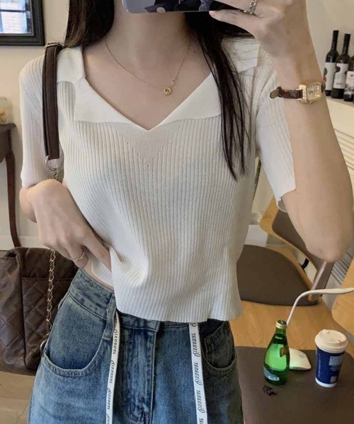 shoppinggo(ショッピングゴー)の「ニット レディース 半袖 襟付きニット 半袖 トップス 春夏 トップス(Tシャツ/カットソー・レディース・ホワイト/ブラック/ベージュ/ピンク・FREE)」の11枚目の写真