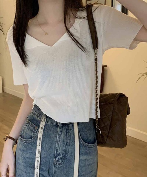 shoppinggo(ショッピングゴー)の「ニット レディース 半袖 襟付きニット 半袖 トップス 春夏 トップス(Tシャツ/カットソー・レディース・ホワイト/ブラック/ベージュ/ピンク・FREE)」の12枚目の写真