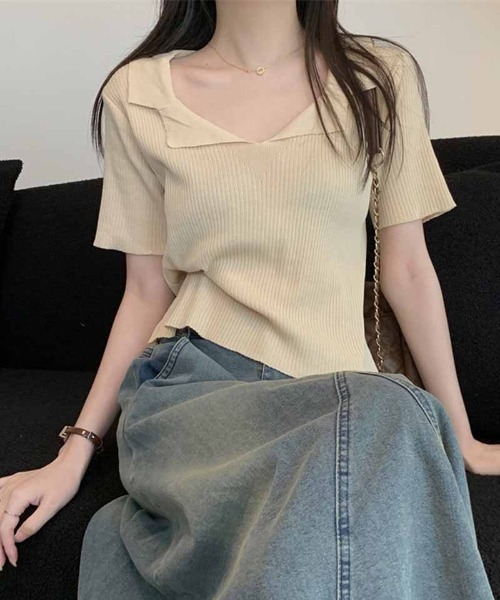 shoppinggo(ショッピングゴー)の「ニット レディース 半袖 襟付きニット 半袖 トップス 春夏 トップス(Tシャツ/カットソー・レディース・ホワイト/ブラック/ベージュ/ピンク・FREE)」の13枚目の写真