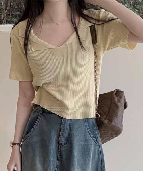 shoppinggo(ショッピングゴー)の「ニット レディース 半袖 襟付きニット 半袖 トップス 春夏 トップス(Tシャツ/カットソー・レディース・ホワイト/ブラック/ベージュ/ピンク・FREE)」の14枚目の写真