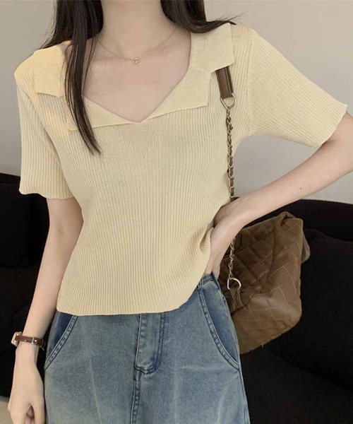 shoppinggo(ショッピングゴー)の「ニット レディース 半袖 襟付きニット 半袖 トップス 春夏 トップス(Tシャツ/カットソー・レディース・ホワイト/ブラック/ベージュ/ピンク・FREE)」の15枚目の写真