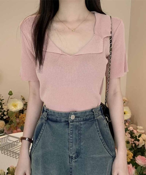 shoppinggo(ショッピングゴー)の「ニット レディース 半袖 襟付きニット 半袖 トップス 春夏 トップス(Tシャツ/カットソー・レディース・ホワイト/ブラック/ベージュ/ピンク・FREE)」の16枚目の写真