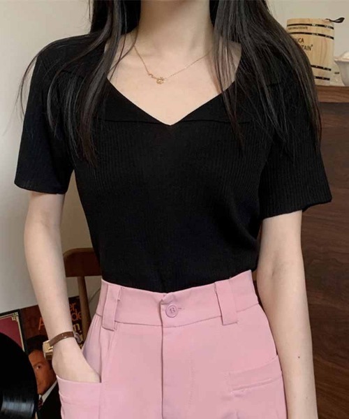 shoppinggo(ショッピングゴー)の「ニット レディース 半袖 襟付きニット 半袖 トップス 春夏 トップス(Tシャツ/カットソー・レディース・ホワイト/ブラック/ベージュ/ピンク・FREE)」の21枚目の写真