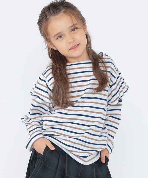 SHIPS(シップス)の「SHIPS KIDS:100~130cm/ボーダー フリル ロングスリーブ Tシャツ(Tシャツ/カットソー・キッズ・オフホワイト/ピンク・100/110/120/130)」の3枚目の写真