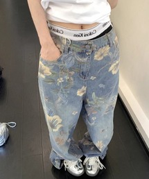 ストレートパンツ 花柄 デニム ジーンズ カジュアル 男女兼用 春 レディースのデニムパンツ（花柄・ボタニカル柄）ファッション