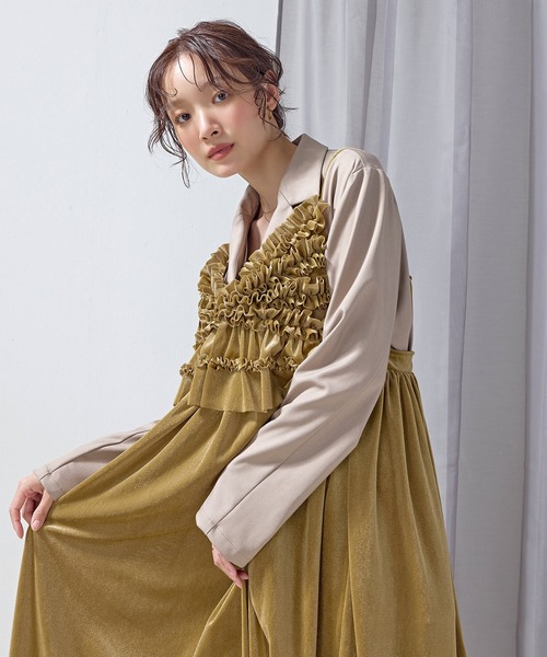 en CAnAF(エンカナフ)の「【重ねるだけでコーデが華やぐ】ベロアメッシュ ボリュームフリル キャミワンピース(ワンピース・レディース・イエロー/ブラック/グレー・M)」の18枚目の写真