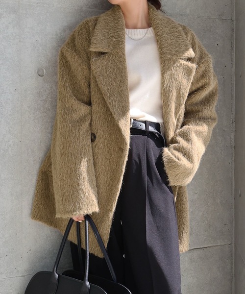 セール】シャギー起毛ビックカラージャケットコート（ミドル丈