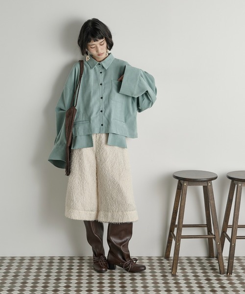 ライトグリーン クロップドシャツ 長袖 トップス3点セット ポケット