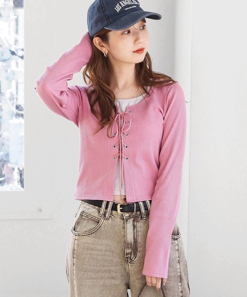 セール】レースアップレイヤード長袖プルオーバー（Tシャツ/カットソー