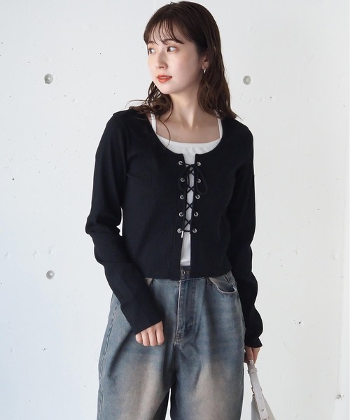 tiptop(ティップトップ)の「レースアップレイヤード長袖プルオーバー(Tシャツ/カットソー・レディース・エンジ/アイボリー/ブラック/ピンク/チャコールグレー・FREE)」の14枚目の写真