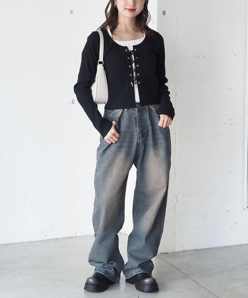 tiptop(ティップトップ)の「レースアップレイヤード長袖プルオーバー(Tシャツ/カットソー・レディース・エンジ/アイボリー/ブラック/ピンク/チャコールグレー・FREE)」の15枚目の写真