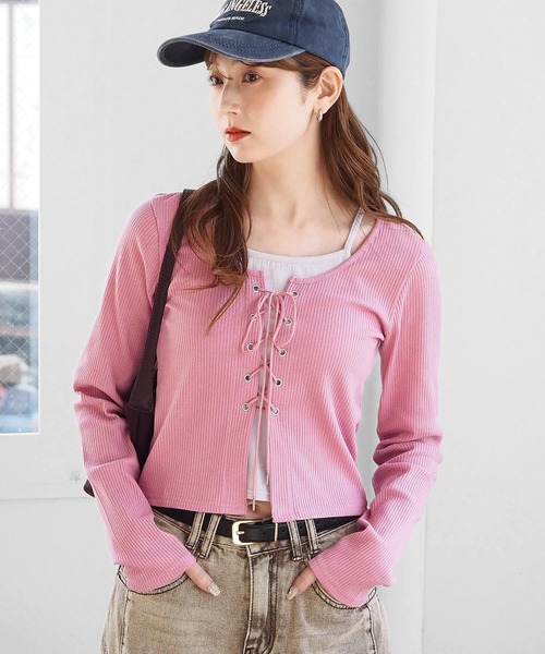 セール】レースアップレイヤード長袖プルオーバー（Tシャツ/カットソー