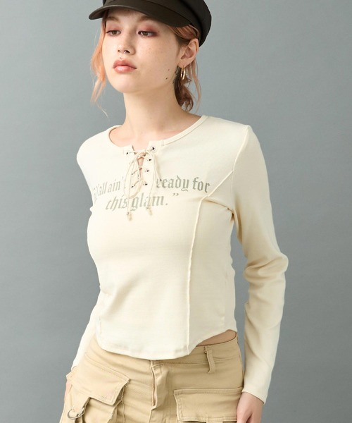 ANAP(アナップ)の「プリント レースアップ コルセット リブトップス カットソー(Tシャツ/カットソー・レディース・アイボリー/ダークグレー/ベージュ・F)」の5枚目の写真