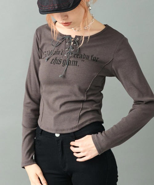 ANAP(アナップ)の「プリント レースアップ コルセット リブトップス カットソー(Tシャツ/カットソー・レディース・アイボリー/ダークグレー/ベージュ・F)」の9枚目の写真