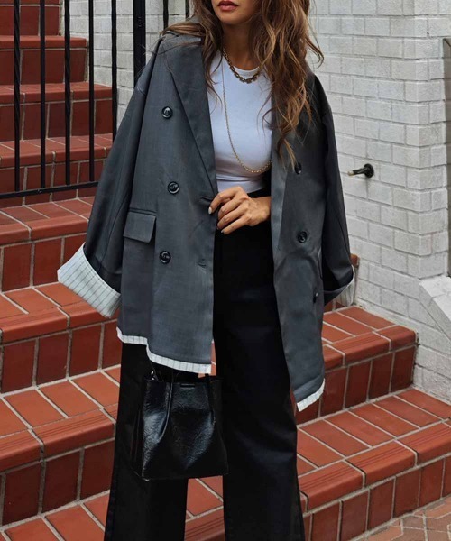 esutoreja（エストレジャ）の「レイヤードダブルテーラードジャケット（テーラードジャケット・レディース・チャコール/ベージュ/カーキ・FREE）」の2枚目の写真