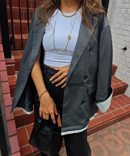 esutoreja（エストレジャ）の「レイヤードダブルテーラードジャケット（テーラードジャケット・レディース・チャコール/ベージュ/カーキ・FREE）」の6枚目の写真