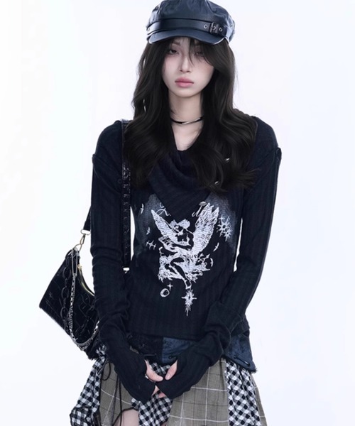 .KOM(ドットコム)の「A'GEM/9 × .kom 『.KOM/ドットケーオーエム』 Acid Wash Style Graphic Rib Long Sleeve Top/アシッドウォッシュ風 グラフィック長袖リブトップス(Tシャツ/カットソー・レディース・ブラック・M)」の4枚目の写真