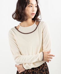 MILLION CARATS | 【配色パイピング×レイヤード風デザイン】細見え効果と抜け感が同時に叶う！伸縮リブ素材で着心地抜群、大人カジュアルに使える万能プルオーバー(Tシャツ/カットソー)