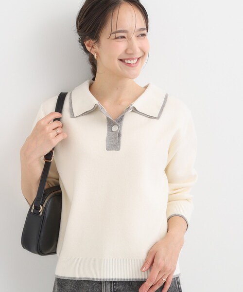 Cutie Blonde(キューティーブロンド)の「【S-LL】配色がポイントの2枚襟ポロニット(ニット/セーター・レディース・グレー/オフホワイト/ダークブラウン・04/03/02/01)」の2枚目の写真