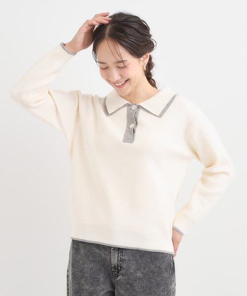 Cutie Blonde(キューティーブロンド)の「【S-LL】配色がポイントの2枚襟ポロニット(ニット/セーター・レディース・グレー/オフホワイト/ダークブラウン・04/03/02/01)」の4枚目の写真