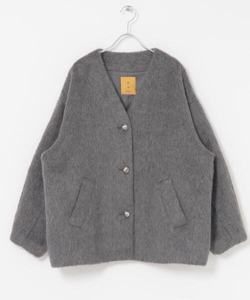 F by ROSSO(エフバイロッソ)の「F by ROSSO 『UR TECH』シャギーノーカラーコート(ノーカラージャケット・レディース・アイボリー/チャコールグレー・FREE)」の5枚目の写真