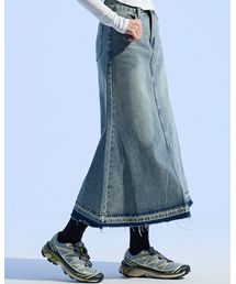 Raw Hem Denim Midi Skirt (WASHED JEAN)