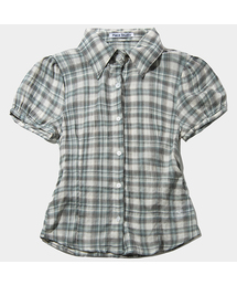 PLACE STUDIO（プレイススタジオ）の「パフスリーブ シワ ロゴ刺繍 コットン 半袖 チェック ブラウス シャツ（シャツ/ブラウス）」