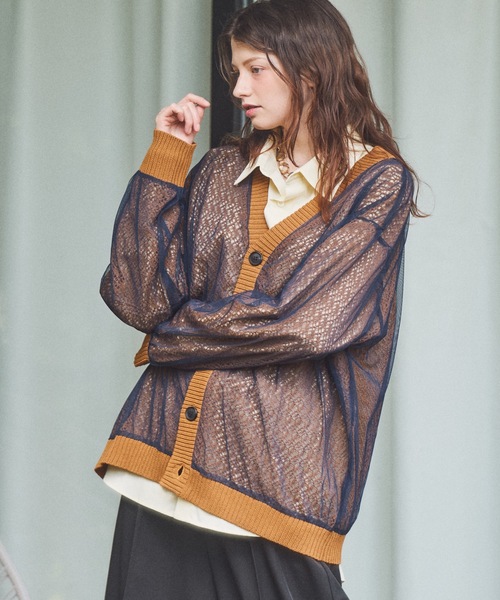 CASPER JOHN（キャスパージョン）の「Tulle layered lace cardigan/チュールレイヤードレースカーディガン（カーディガン/ボレロ・メンズ・ピンク/チャコールグレー/マスタード・LARGE/MEDIUM/SMALL/X-SMALL）」の11枚目の写真