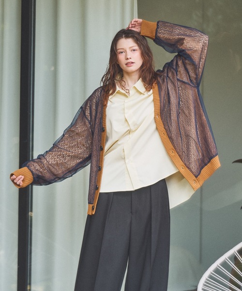 CASPER JOHN（キャスパージョン）の「Tulle layered lace cardigan/チュールレイヤードレースカーディガン（カーディガン/ボレロ・メンズ・ピンク/チャコールグレー/マスタード・LARGE/MEDIUM/SMALL/X-SMALL）」の12枚目の写真