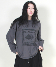 オーバーサイズスクエアプリントステッチ配色長袖Tシャツチャコール