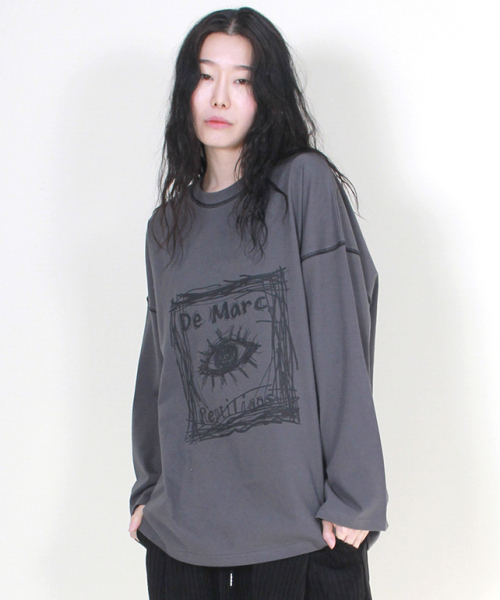 DEMARC（ドゥマーク）の「オーバーサイズスクエアプリントステッチ配色長袖Tシャツチャコール（Tシャツ/カットソー・レディース・その他・LARGE）」の6枚目の写真