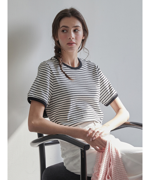 BEMUSE MANSION(ビミューズマンション)の「Ribbed binding B point T-shirt - Black stripe(Tシャツ/カットソー・レディース・その他・FREE)」の1枚目の写真
